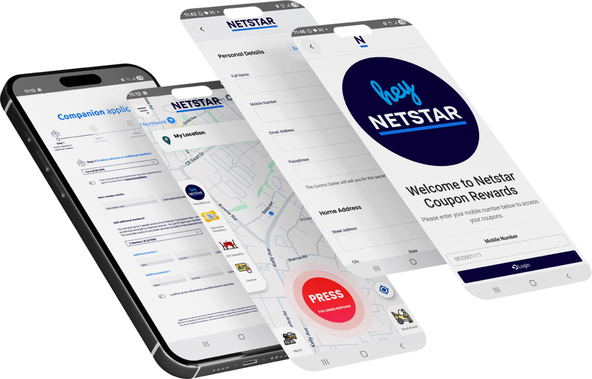 The Netstar Companion app — panic button, sign-up flow, and rewards screens